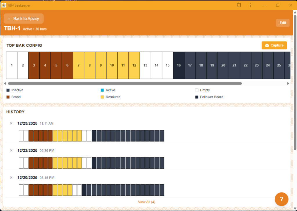 TBH Beekeeper App Interface showing top bar configuration